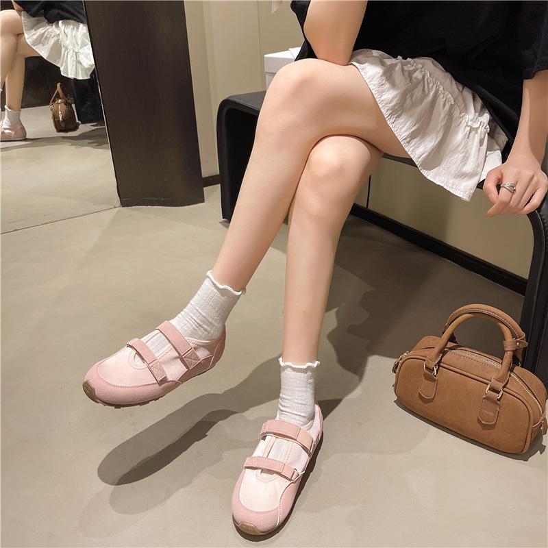 Double Velcro Ballet Single Shoes Women's Summer New Commuter Versatile Casual Soft Leather Sports Hollow Color Matching Flats