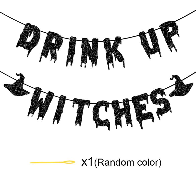 YOMDID Drink Up Witches Banner Halloween Party Banner Glitter Letters With Spooky Black Hat Motifs For Halloween Decorations 5