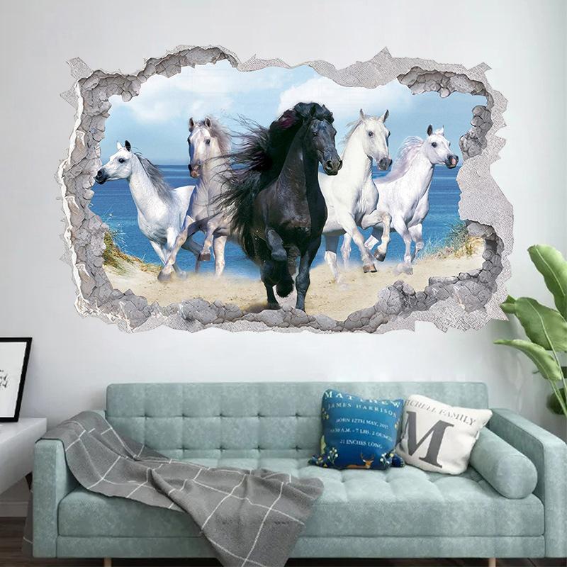 Плакат с животным Искусство дыры в сломанной стене Бегущая прекрасная лошадь Виниловые наклейки-муралы Для гостиной