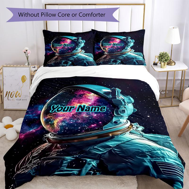 3PC Custom Name Astronaut Space Bedding Set Duvet Cover Closure Includes 1 Duvet Cover & 2 Pillowcases for Bedroom