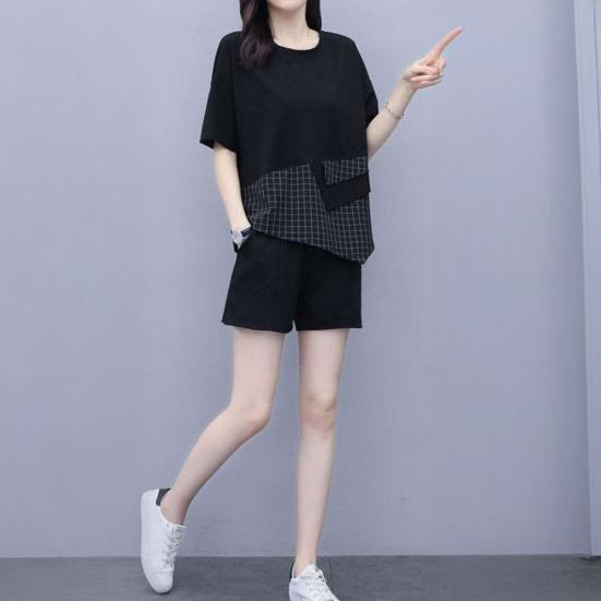 Женский летний комплект из двух предметов: свободный топ с короткими рукавами и круглым вырезом в клетку, широкие шорты, повседневный спортивный костюм для отдыха