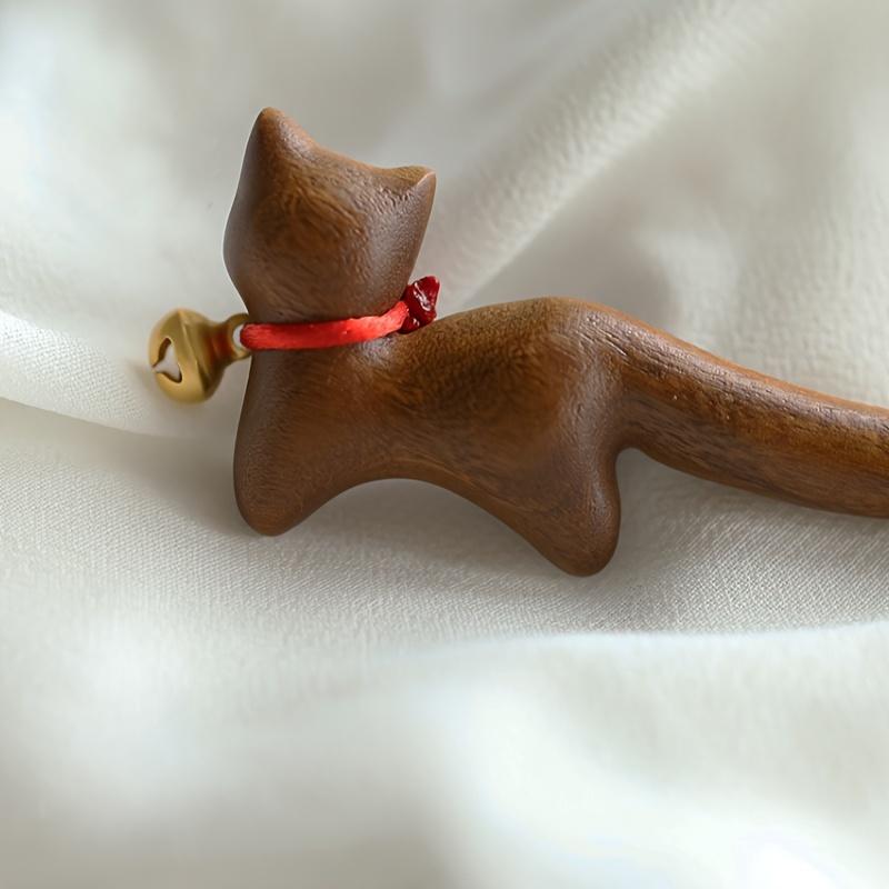 1pc Vintage Sandalwood Cat Hairpin with Bell - Elegant Wooden Hair Stick for Women and Girls,