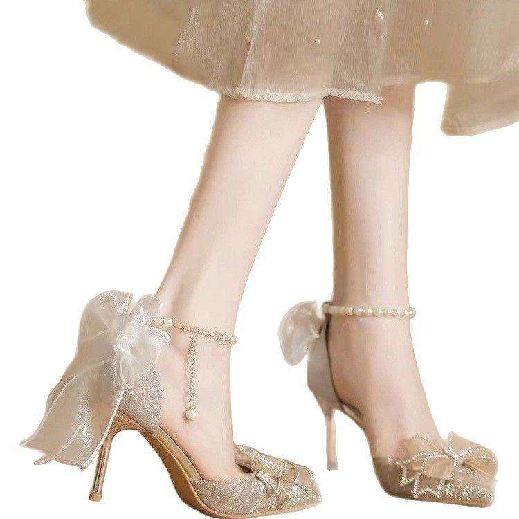 High Heels New Pointed Sequins Bow Hollow Shoes Wedding Shoes Bridal Shoes Pointed Single Shoes