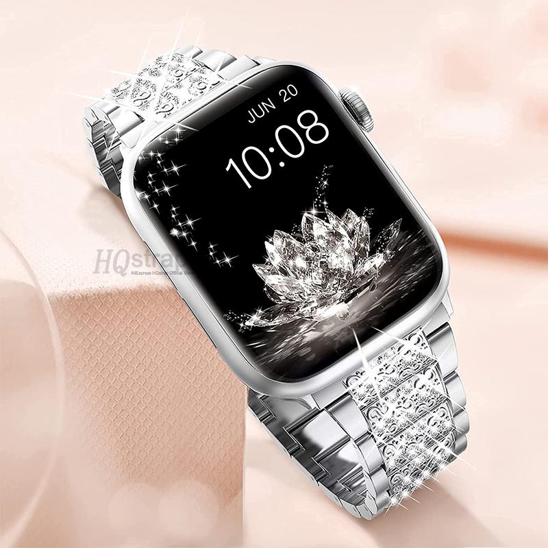 Ремешок с бриллиантами для Apple Watch Ultra Band 49 мм, 40 мм, 45 мм, 44 мм, 41 мм, 42 мм, 38 мм, металлический ремень для Iwatch Series 7 SE 6 5 4, женский браслет