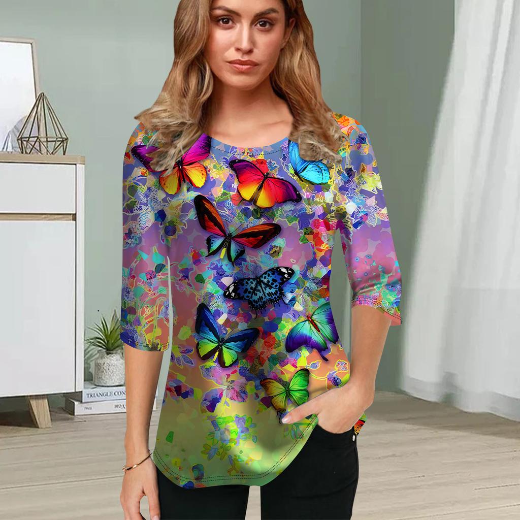 Womens Blouse 3D Starlight Butterfly Printing Flower Half Sleeve Tops Summer Casual Tops Printed Round Neck Half Sleeve T Shirt