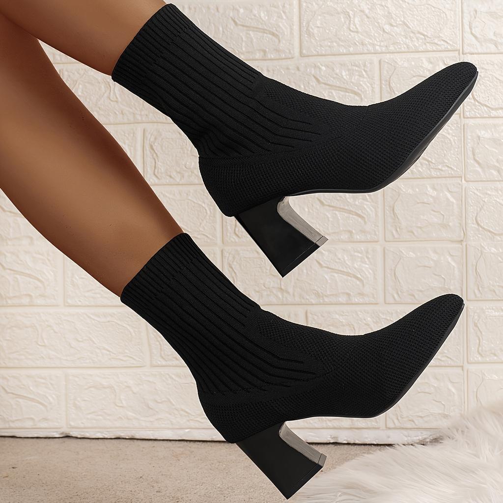Women's Autumn and Winter New Korean Version of Flying Woven Thick Heel Booties Pointed Elastic Socks Boots High Heel Fashion Boots