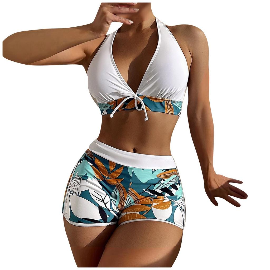 Women's Paneled Printed Swimsuit Ladies Fashion Sexy Split Boxer High Waist Swimsuit Two-Piece Set V-Neck Bathing Suits Female