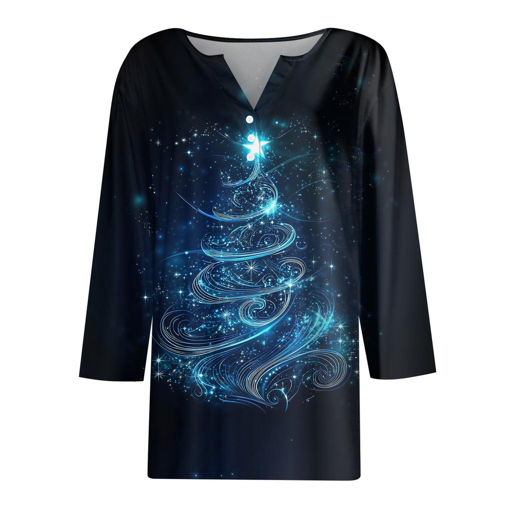 Жен. Футболка Футболка С принтом Пуговицы Рукав 3/4 Повседневные Выходные Мода Классический V-образный вырез Обычный Топ