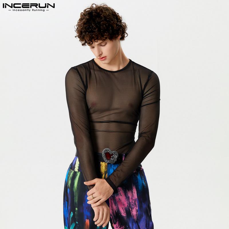 INCERUN Мужские прозрачные топы в сеточку с круглым вырезом и длинными рукавами