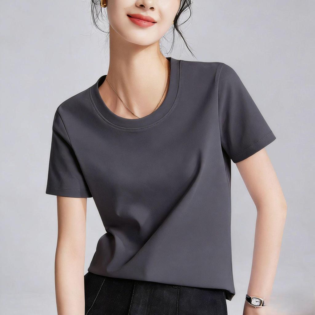 Women's Double-Sided Mercerized Cotton Slimming T-Shirt: Cool, Breathable, Plus Size, Regular Shoulder, Round Neck, Short Sleeve, Summer Wear.