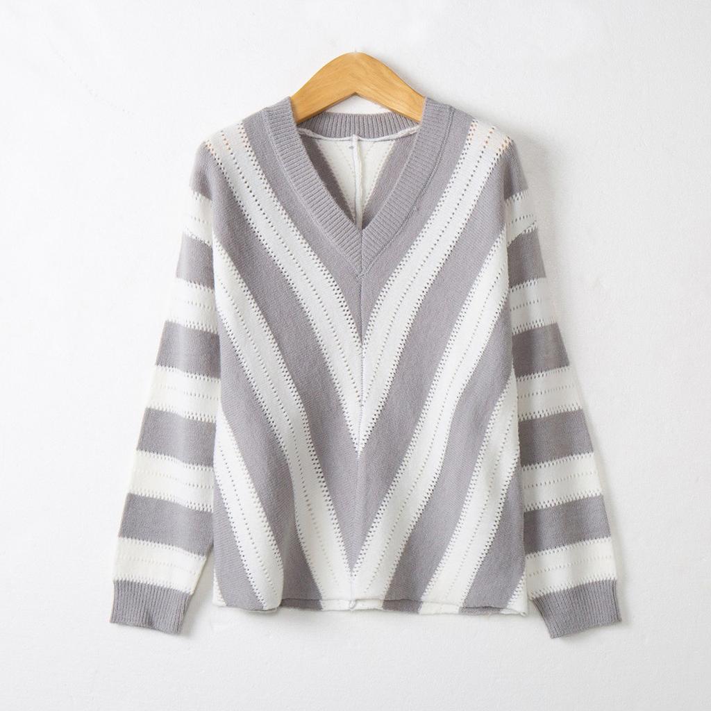 Женские легкие свободные повседневные свитера с v-образным вырезом и длинными рукавами, пуловеры в полоску, джемперы, топы