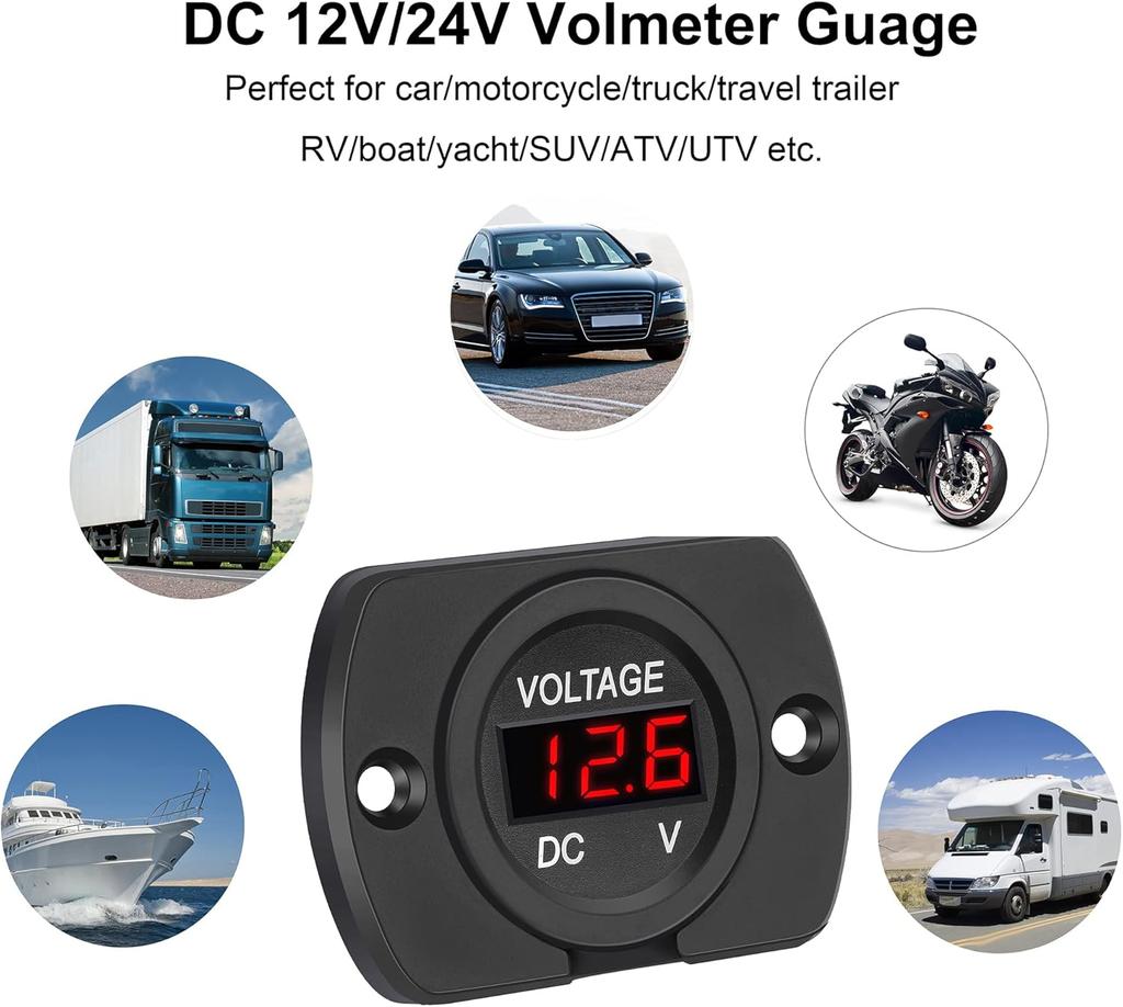 2 Pack DC 12V 24V Waterproof Car Voltmeter LED Digital Display Panel, Round Voltage Gauge with Terminals for Car/Motorcycle/Travel Trailer/Truck/Boat