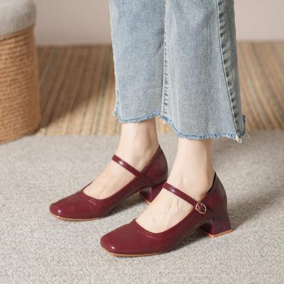 Мода 2025 Лето Женские 5см Высокие Каблуки Металлическая Пряжка Винно-Красные Офисные Туфли Женские Ремешок Высокие Каблуки Леди Милые Туфли Мэри Джейн