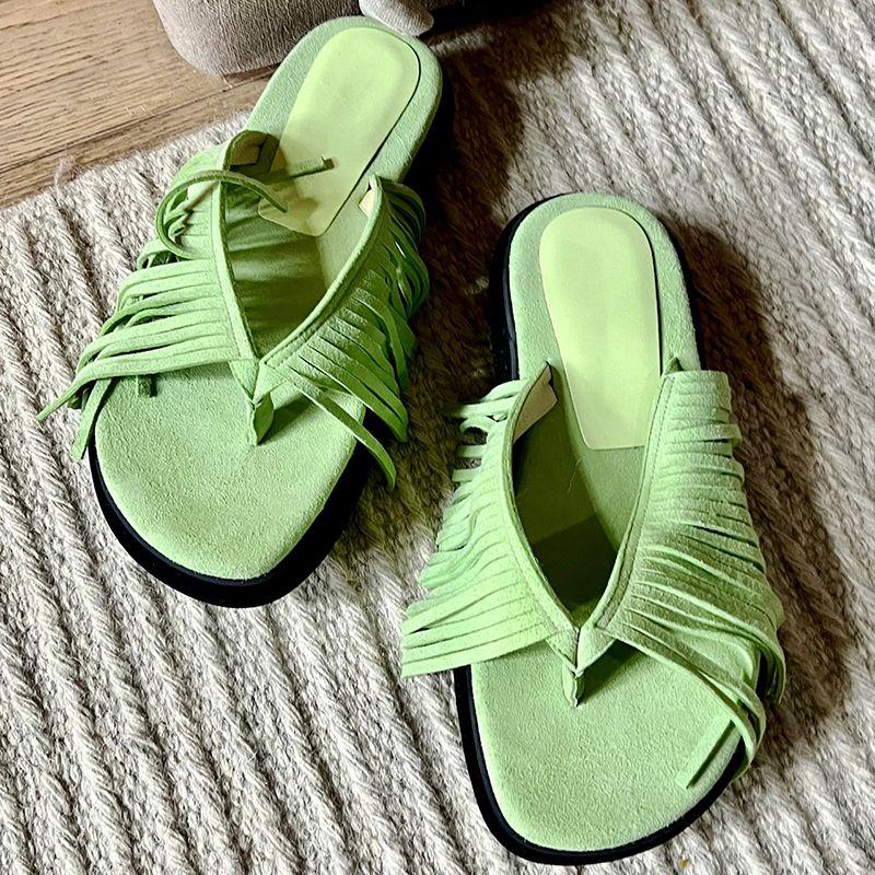 Summer Muller Slippers Women Pig Suede Fringe Modern Slippers Tassel Square Head Lazy Shoes Leisure Slides Flip Flops Sandal