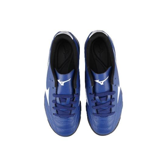 Mizuno Потреро Вайд Джуниор. Круглый носок, шнуровка, нескользящие, прочные, низкие, детские футбольные бутсы, детские футбольные бутсы, сине-белые, P1GE189227