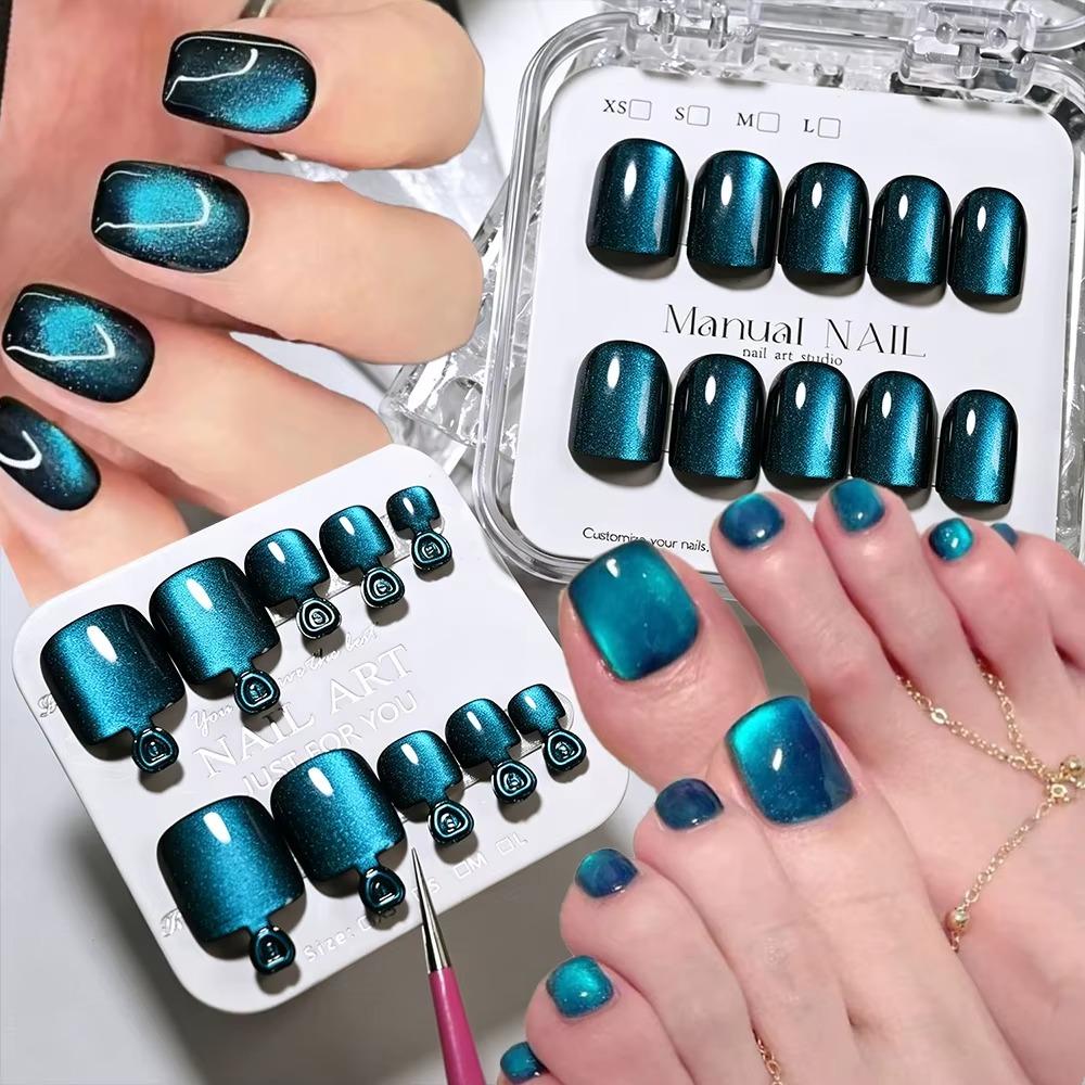 48Pcs Sea Blue False Nails Set Glossy Finish Short Tip Toenail For Fingernails & Toenails