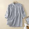 Летняя рубашка из хлопка и льна, женская, стоячий воротник, рукава-фонарики, вышитая, резная, свободная, повседневная, модная