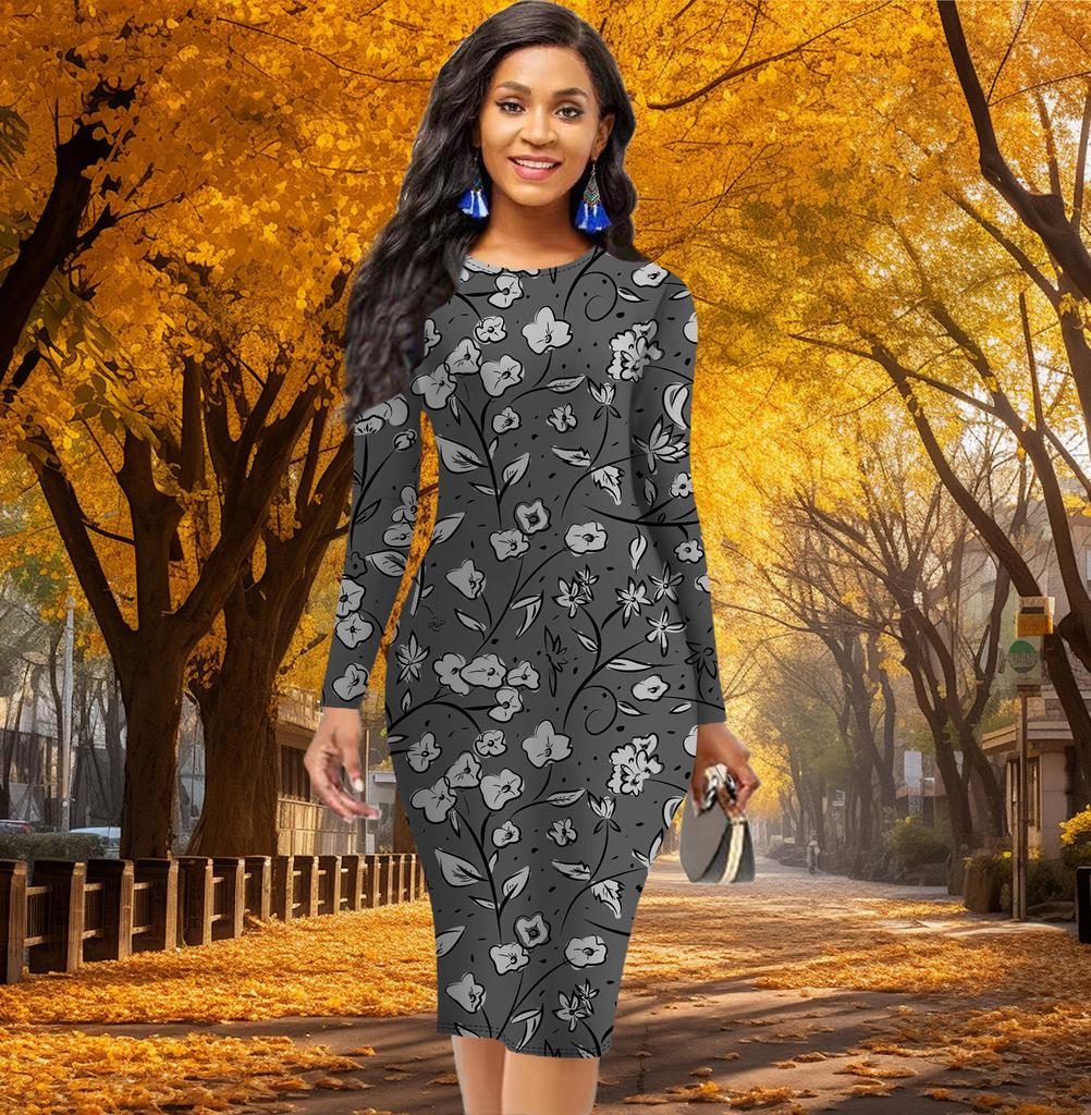 Long Sleeve Waist Tight Office Slim Fit Creative Kapok Flower Printing Elegant Bodycon Dress
