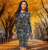 Long Sleeve Waist Tight Office Slim Fit Creative Kapok Flower Printing Elegant Bodycon Dress