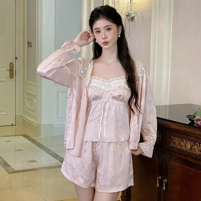 Пижамный комплект, новая верхняя одежда на подтяжках, Ice Silk, сексуальная, из трех предметов, верхняя одежда с длинными рукавами, домашняя одежда для женщин