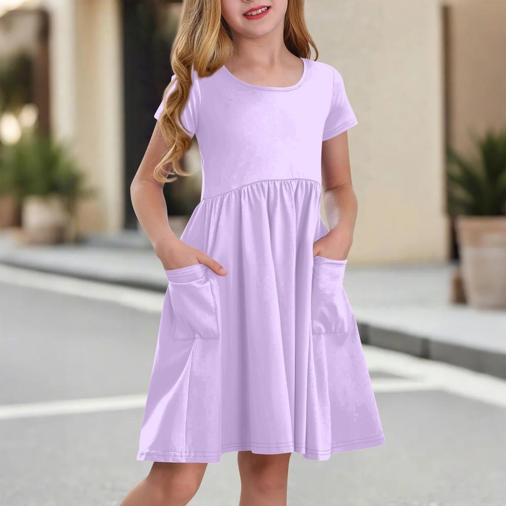 Children's Skirt Round Neck Short Sleeve Princess Dress Fashion Casual Pocket Dress For Girls