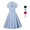 Женские ретро-платья в стиле свинга с короткими рукавами, V-образным вырезом, пуговицами-бантом, поясом, платье в стиле Хепберн, с высокой талией, повседневная одежда