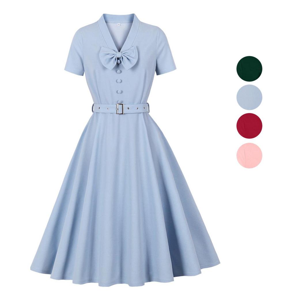 Женские ретро-платья в стиле свинга с короткими рукавами, V-образным вырезом, пуговицами-бантом, поясом, платье в стиле Хепберн, с высокой талией, повседневная одежда