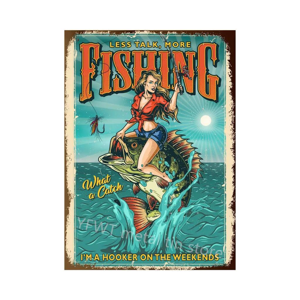 Fishing Rules Metal Tin Sign Fishing Sign Vintage Metal Plate for Wall Poster Farm Art Decoration Retro Stickers Plaques