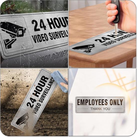 24 Hour Video Surveillance Sign Aluminum Silver 9 x 3 Inches Self-Adhesive Waterproof Metal Door Wall Sign for Business Restaurants 4 Pack