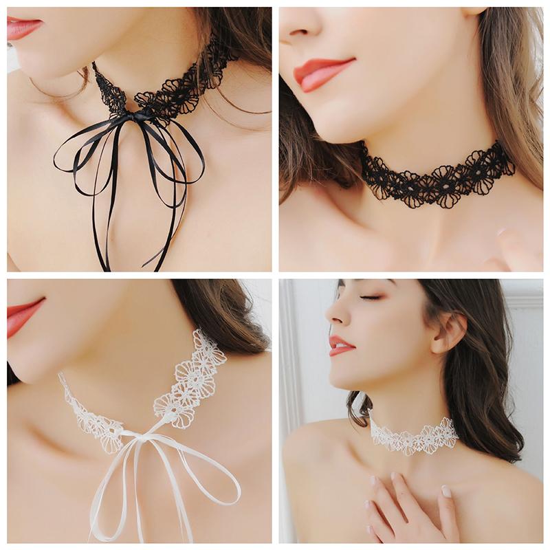 Black Lace Choker For Women Girls Gothic Bowknot Choker With Long Ribbon Lolita Clavicle Chain Necklace Halloween Jewelry Gift