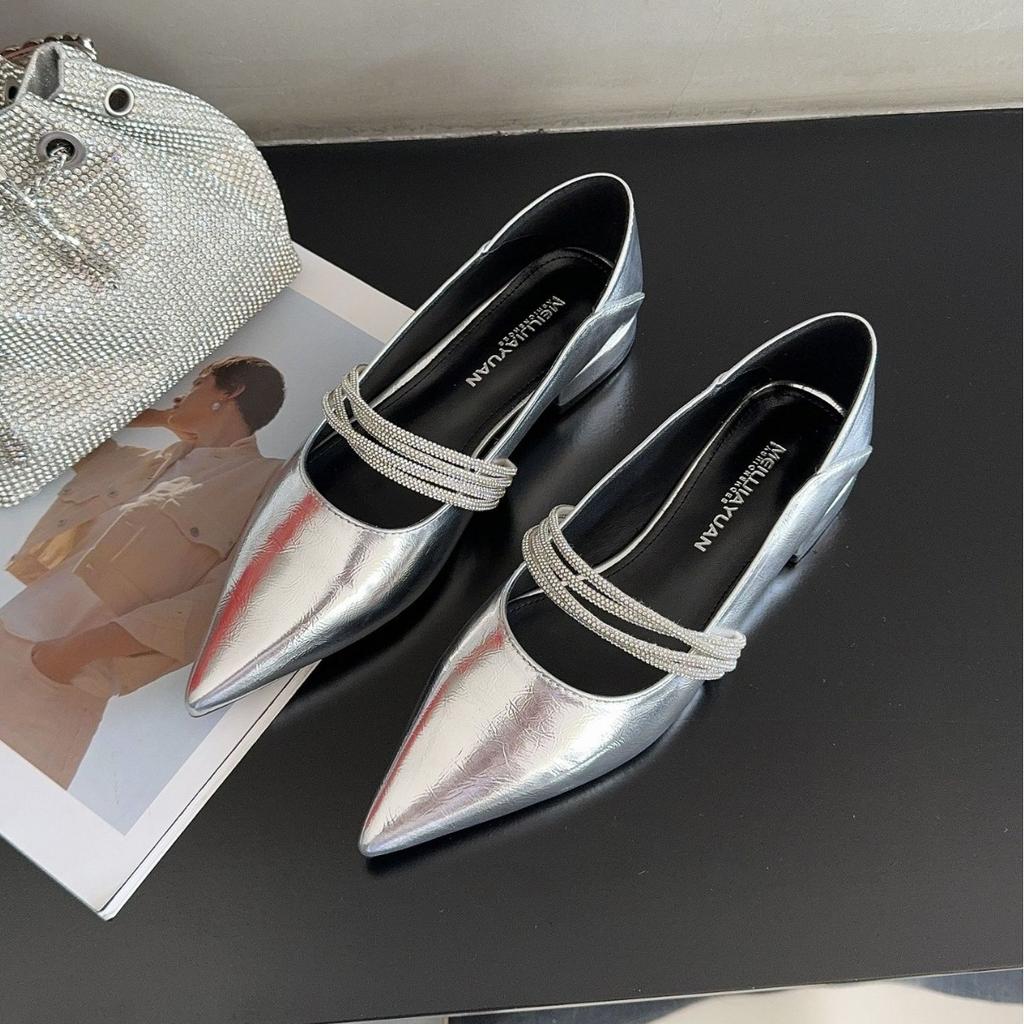 Европейская станция заостренные женские туфли 25 осень коровья кожа мелкий вырез с бриллиантами маленькая женская сумка голова плоские сандалии леди стиль мода