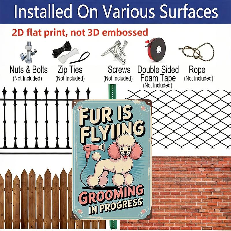 2D Flat Funny "Fur Is Flying Grooming in Progress" Aluminum Sign - Vintage Green & Pink Dog Grooming Wall Art with Poodle Design Indoor/Outdoor