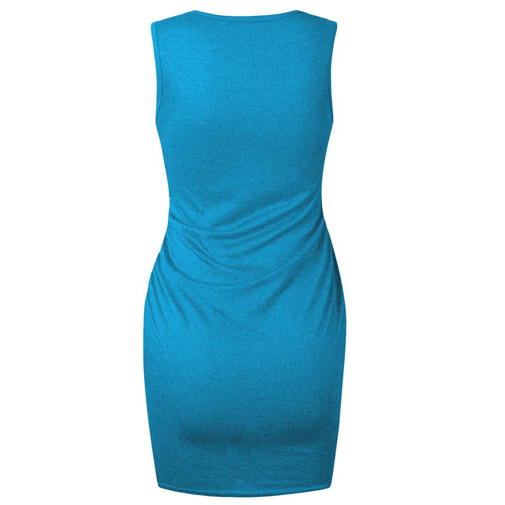 Women‘’s Mini Dress Elegant Solid Color Sleeveless Round Neck Slim Waist Ruched Pullover Pencil Summer Dresses