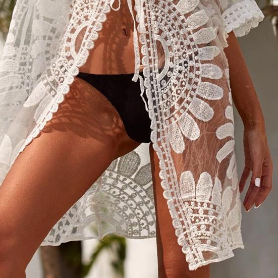 Элегантная летняя пляжная накидка, прозрачное кружевное солнцезащитное платье с перспективой, летняя пляжная накидка на шнуровке, женская одежда