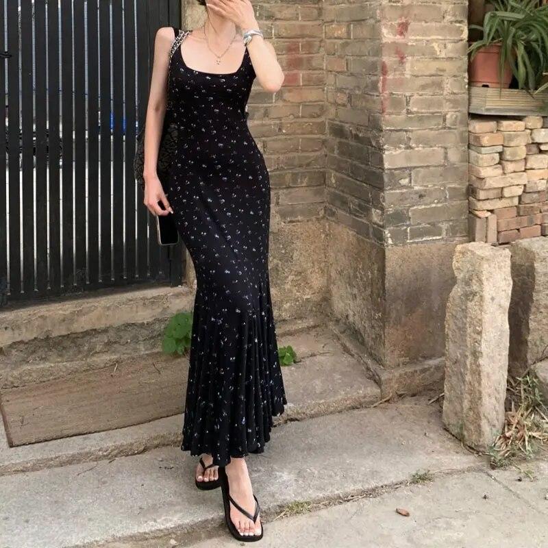 Stylish Broken Flowers Dresses Women's Clothing Elegant Square Collar Spring Autumn Sexy Slim Mermaid Folds Slip Long Dress