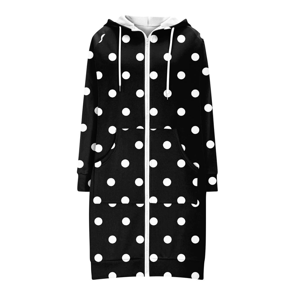 Women's Fashionable Printed Long Sleeved Drawstring Hooded Zipper Pocket Long Casual Sweatshirt Jacket