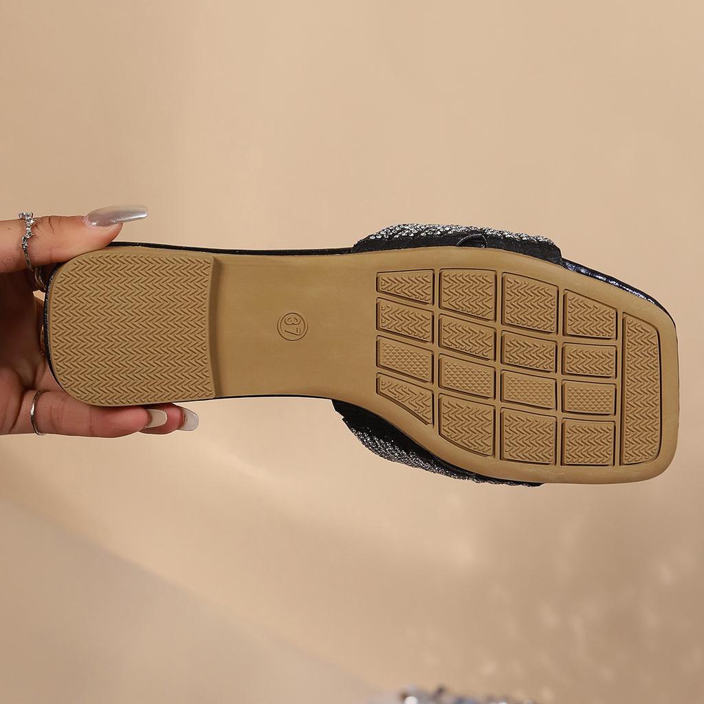 Большие размеры, Тапочки, Женские, Стразы, Плоская подошва, Сандалии, Верхняя одежда, Квадратный носок, Сандалии