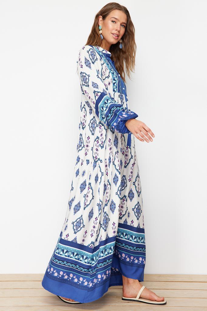 Women's Hijab Dress New Season Fashion Blue Floral Patterned Woven Viscose Dress