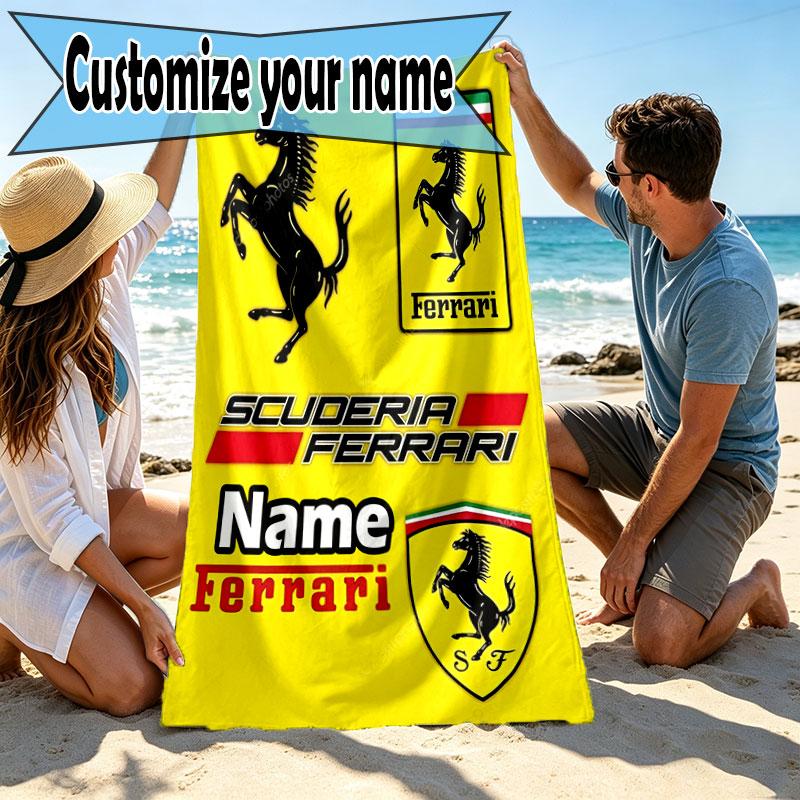 Custom Name Personalized Ferrari Print Beach Towel, for Trip Camping Beach Party Home Decor, Birthday Gift for Family & Friends