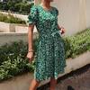 Women Summer O Neck Short Sleeve Lace Up Green Pleated Print Floral Dress