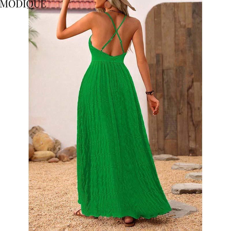 MODIQUE 2025 Summer New Ladies Elegant Sexy Deep V-Neck Backless Solid Green Pleated Slip Long Dress Women's Casual A-Line Dress