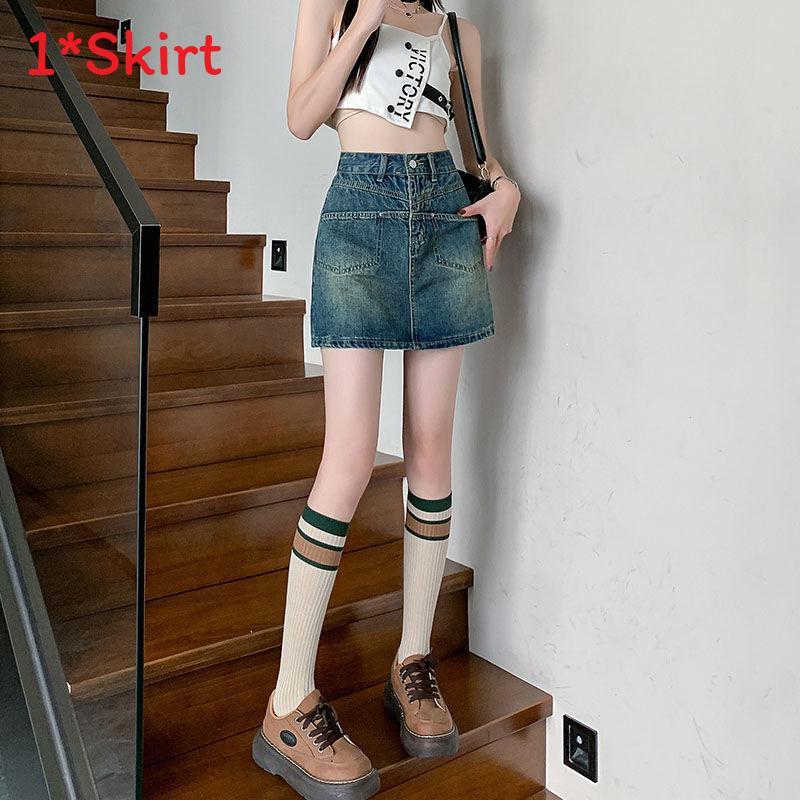 Denim Skirt A Line High Waist Slim Fit With Vintage Wash For Casual Wear