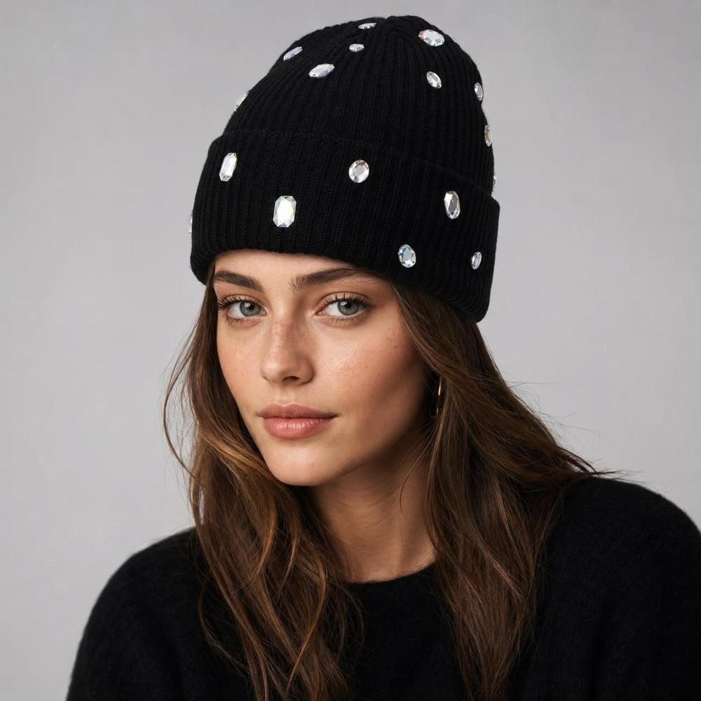 Punk-style Pullover Knit Cap Rhinestone-embellished Rhinestone-adorned Hat Skull Cap Winter