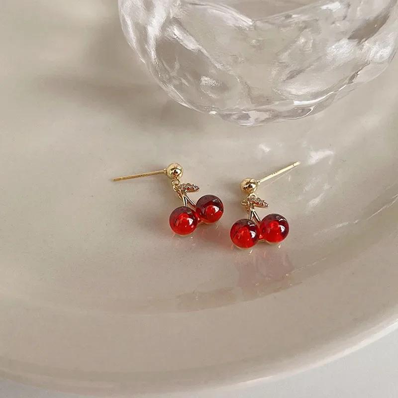 Red Cherry Pendant Necklace Earrings 2pcs Set Women's Fashion Fruit Necklace Earrings Jewery Set For Party Wedding Girls Gifts