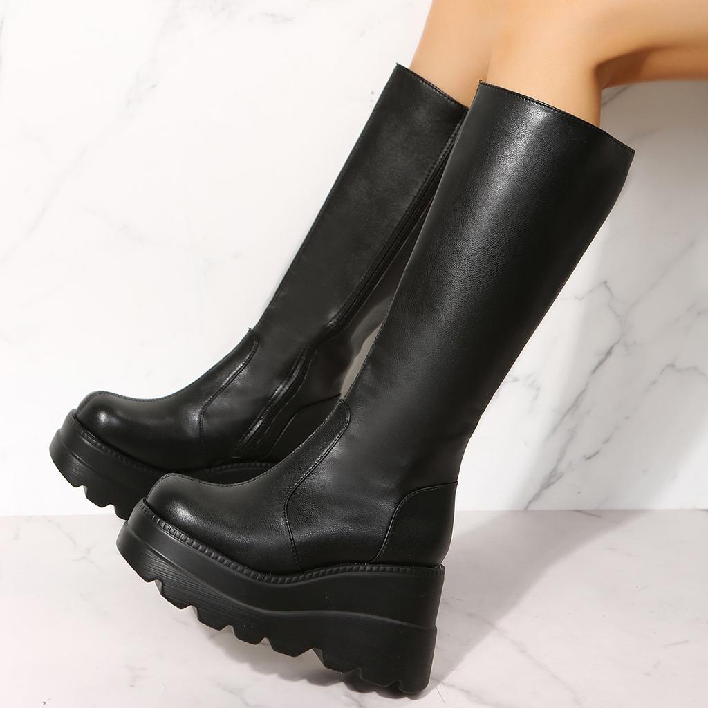 Fashion Women's Long Boots 2025 Autumn Winter New Thick Bottom Punk Style Knee High Boots for Women Black Wedges High Heels Gothic Botas