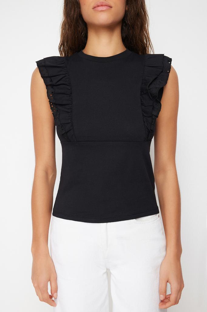 Women's Fashion New Blouse Black Embroidery Detailed Knitted Blouse