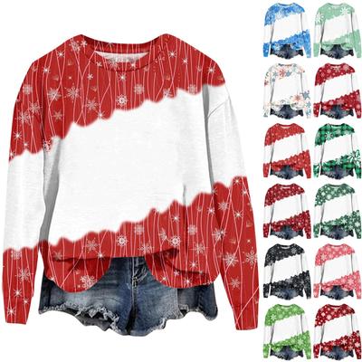 Женская мода рождественский принт длинный рукав свободный круглый вырез толстовка топ осень