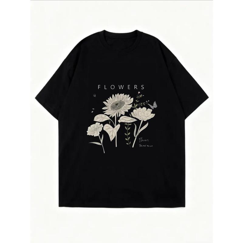 Белая футболка оверсайз с цветочным принтом и надписью Flowers для повседневной носки