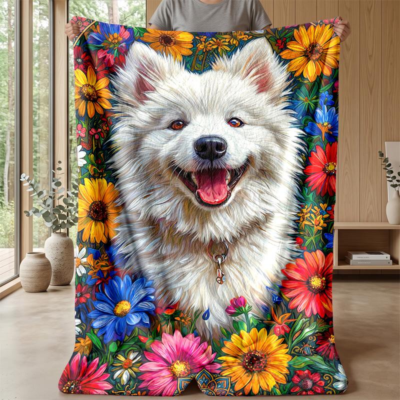 Floral Canine Portrait Theme blanket Lightweight Warm Flannel Blanket Decorative Throw Blanket for Home Decoration