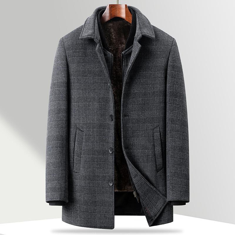 Съемное шерстяное пальто в клетку с бархатом и утолщенной подкладкой, зимнее пальто для пап среднего и пожилого возраста, шерстяное пальто
